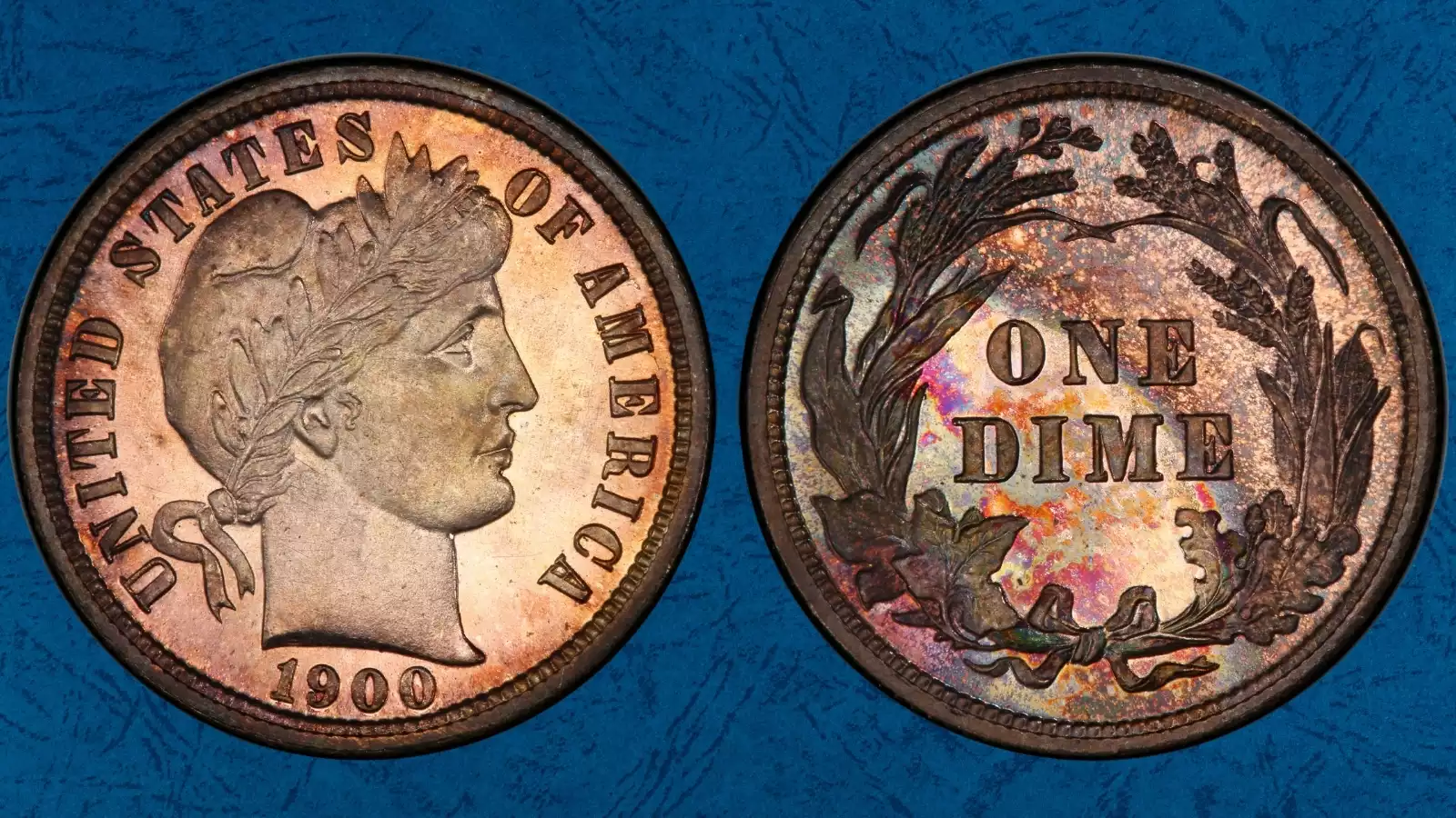 1900 Barber dime obverse and reverse showing Liberty portrait and eagle wreath