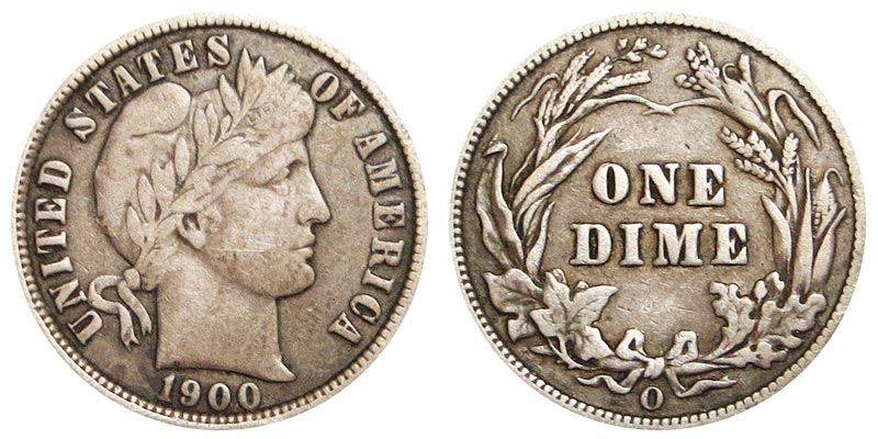 Comparison of 1900 Philadelphia dime reverse (no mint mark) vs 1900-O New Orleans dime reverse showing O mint mark