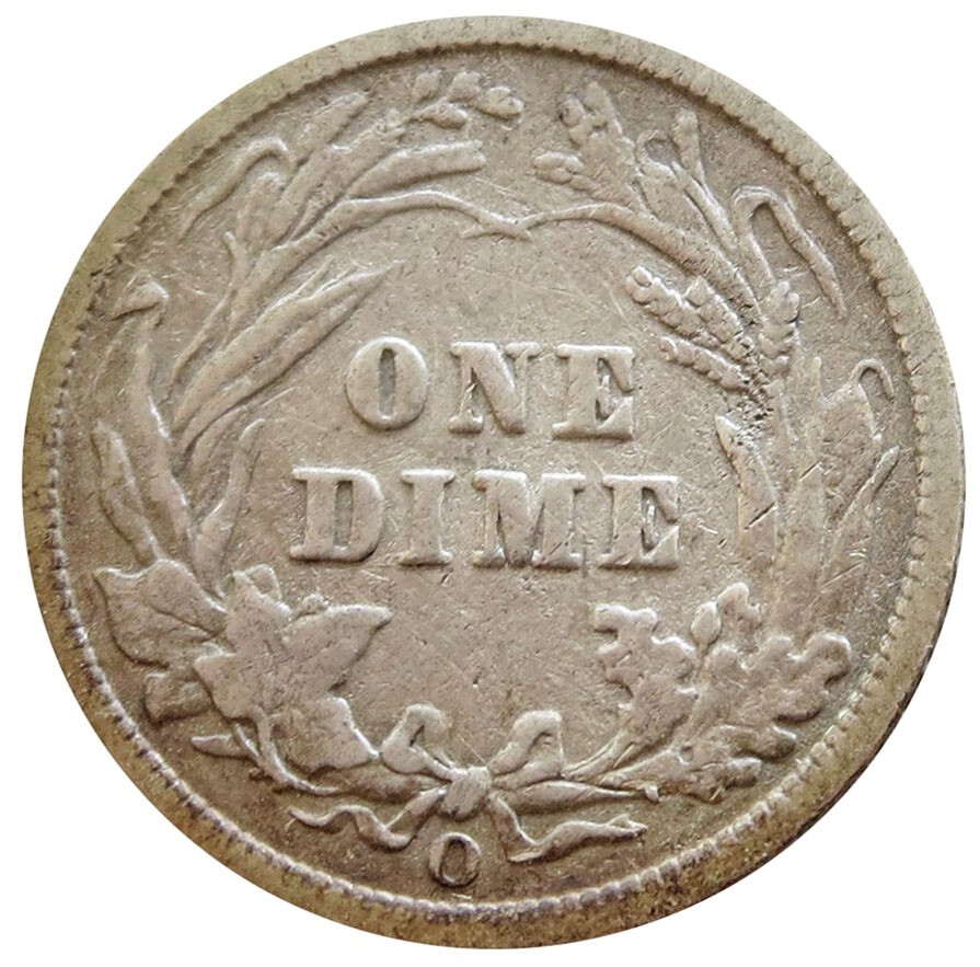 1900-O Barber dime reverse showing New Orleans O mint mark below wreath bow
