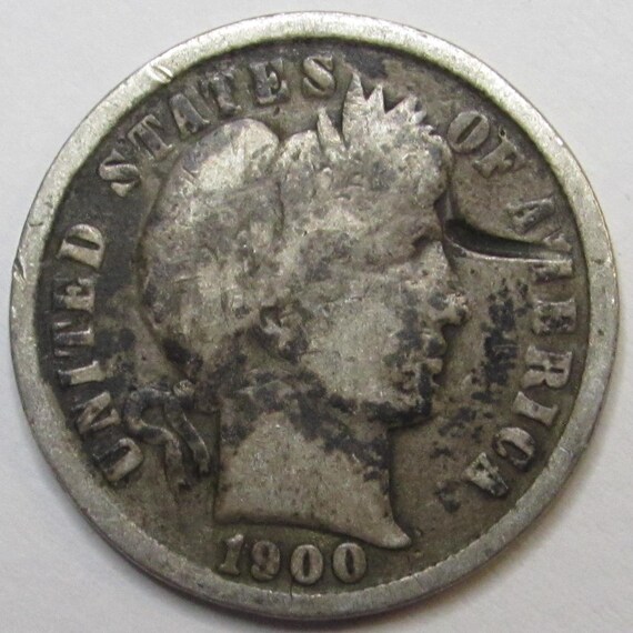 1900 Barber dime struck-through-grease error showing missing or mushy LIBERTY letters in headband area