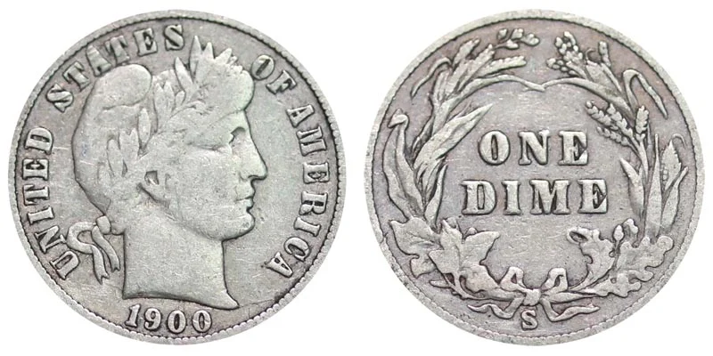 Three 1900 Barber dimes from Philadelphia, New Orleans, and San Francisco mints arranged side by side