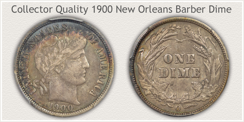 1900 Barber dime grading strip showing four grades from Good to Mint State in a single row